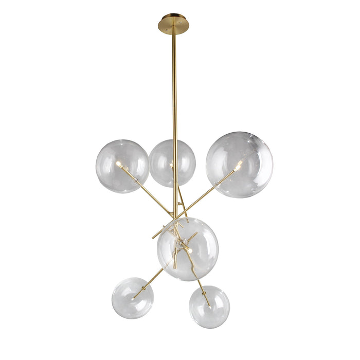 Antiqued brass Sputnik four-light metal chandelier with shades, modern and stylish lighting fixture for contemporary interiors.