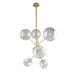Antiqued brass Sputnik four-light metal chandelier with shades, modern and stylish lighting fixture for contemporary interiors.