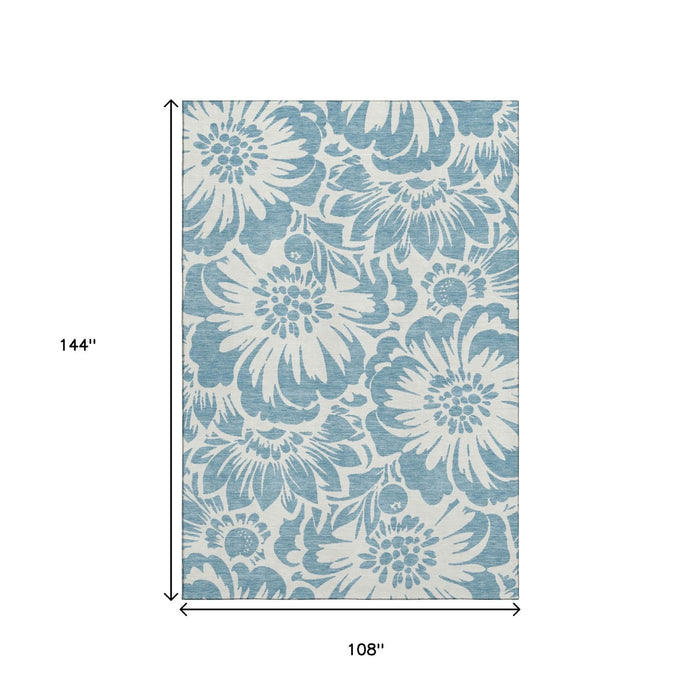 9' X 12' Floral Washable Area Rug With UV Protection (648639) - Denim Blue / Ivory