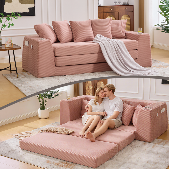 [NEW ARRIVED] [VIDEO PROVIDED]82.25' Convertible Sofa Bed,Loveseat Sleeper Sofa,2 in 1 Sofa, Corduroy Pull Out Sofa Bed,5 Pillows , Side Pocket,No Assembly, Two Cup Holders,Wide Armrest,3 Seat,Pink