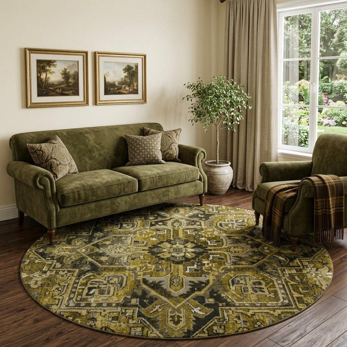 8' Oriental Washable Round Rug With UV Protection (649705) - Brown / Gray / Ivory