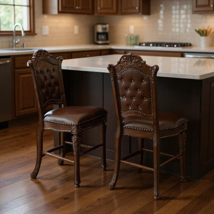 Set of two brown faux leather and solid wood counter height bar chairs by HomeRoots, showcasing stylish seating with sturdy construction.
