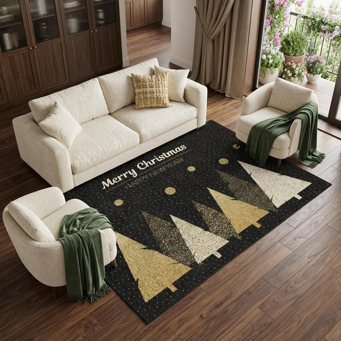 10' X 14' Christmas Tree Washable Area Rug With UV Protection (646469) - Black / Gold / Ivory