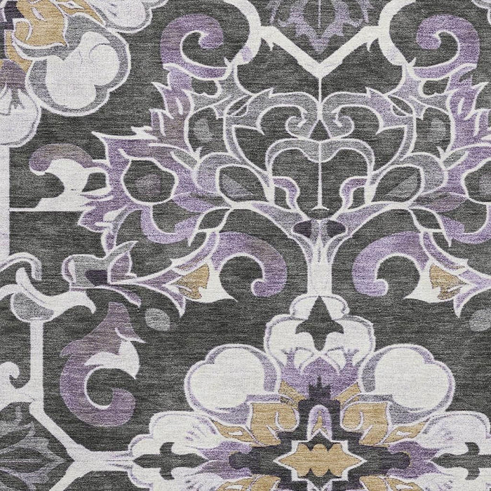 10' X 14' Floral Medallion Washable Area Rug With UV Protection (709084) - Purple / Ivory / Charcoal