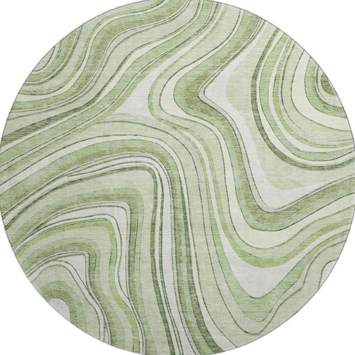 8' Marble Washable Round Rug With UV Protection - Artichoke Green And Ivory