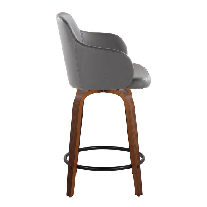 Boyne - 24" Fixed-Height Counter Stool With Swivel (Set of 2) - Walnut Wood, Gray Faux Leather And Round Black Metal Footrest