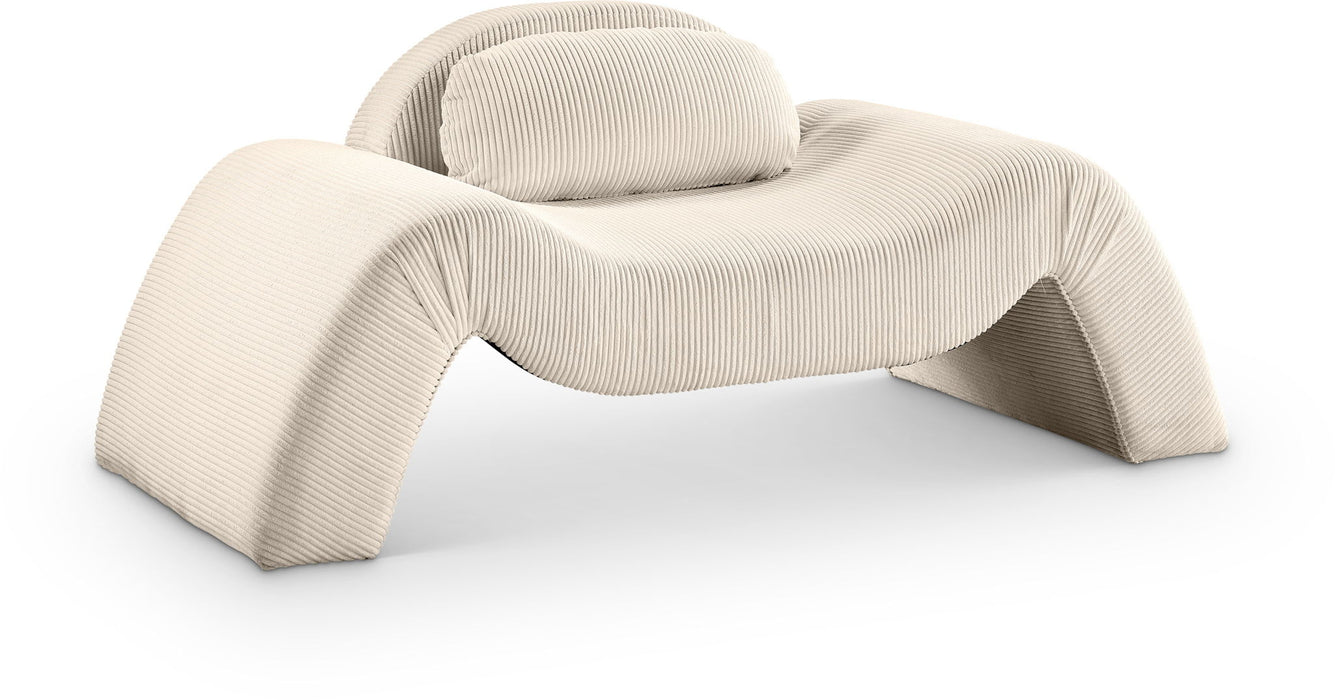 Meridian Furniture Austin corduroy accent chair with wooden legs, beige upholstery, and plush cushioned seat.