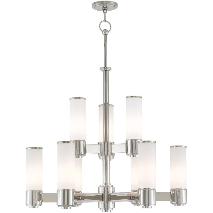 Nine Light Metal Dimmable Chandelier With Shades - Nickel / Opal