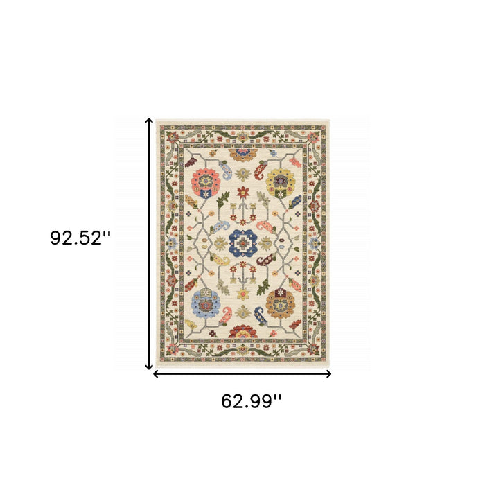 5' x 8' Oriental Power Loom Stain Resistant Area Rug With Fringe - Ivory Green Blues Pink Yellow Rust Brown Tan And Gray