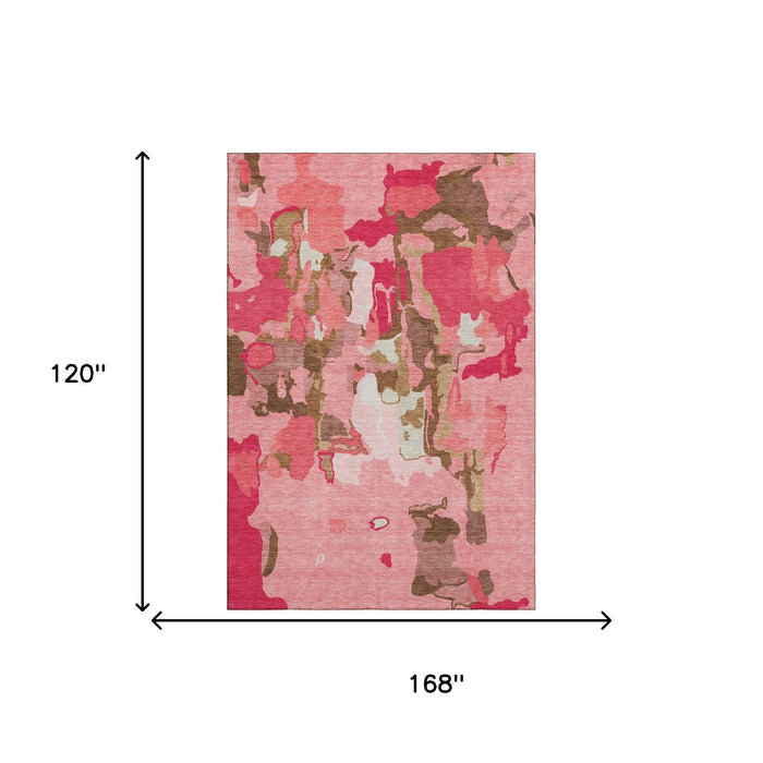 10' X 14' Abstract Washable Area Rug With UV Protection (680711) - Coral / Pink / Ivory