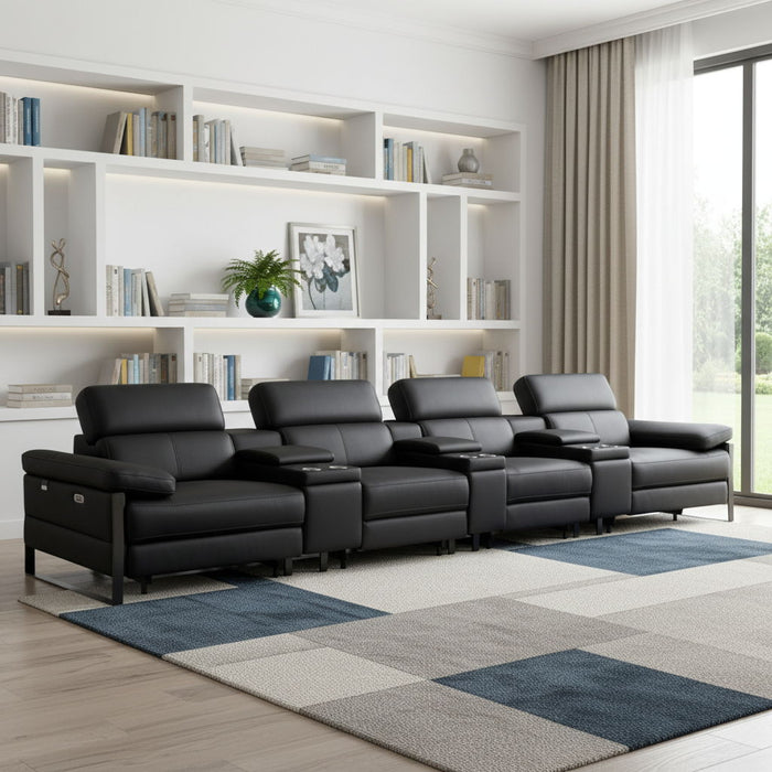 Top Grain Leather Reclining Metal USB Sofa (720350) - Black