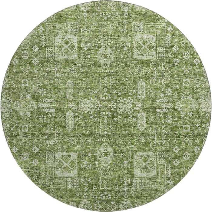 8' Floral Washable Round Rug With UV Protection (653347) - Artichoke Green / Ivory
