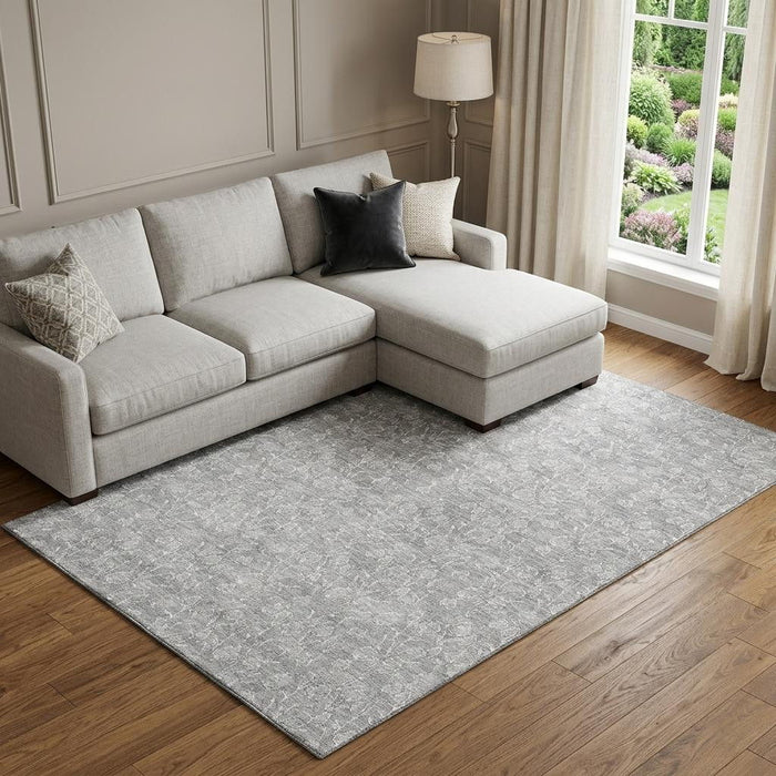 8' X 10' Floral Washable Area Rug With UV Protection (656422) - Silver / Ivory