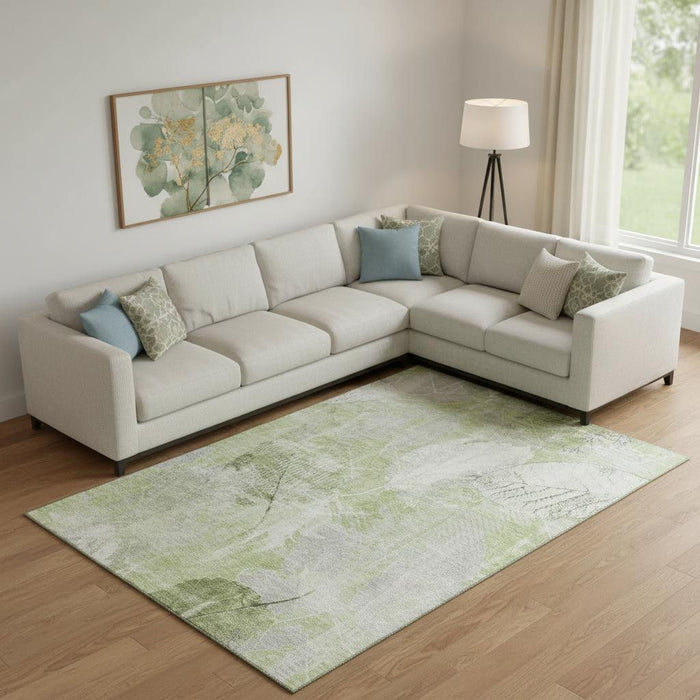 10' X 14' Floral Washable Area Rug With UV Protection (705725) - Artichoke Green / Ivory