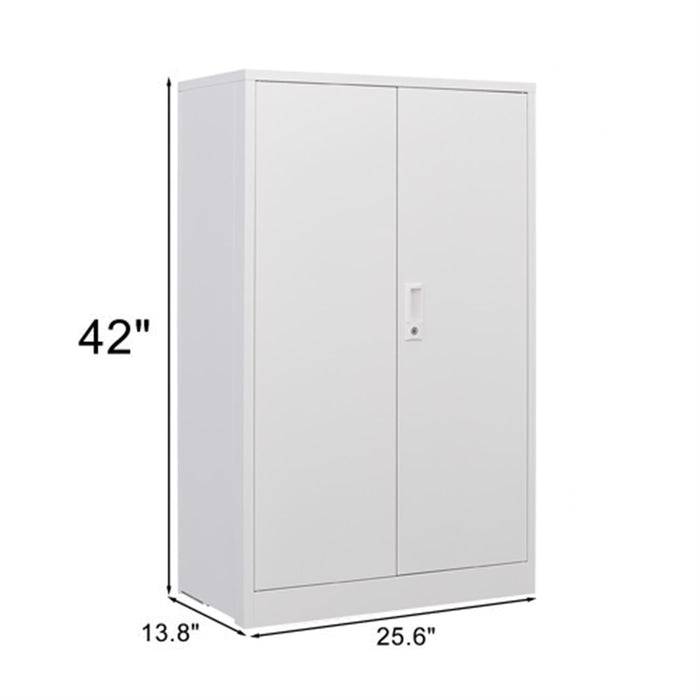 Giga metal storage cabinet with locking doors and adjustable shelves, ideal for home office, school, or garage organization.