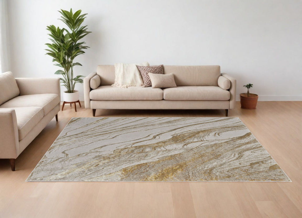 10' x 13' Abstract Power Loom Area Rug - Ivory Brown And Gold