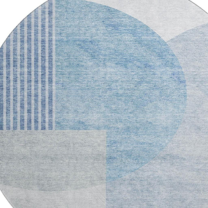 8' Geometric Washable Round Rug With UV Protection (655821) - Blue / Ivory