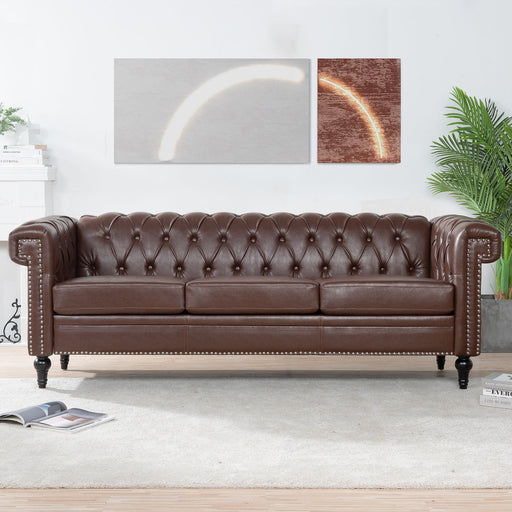 Giga traditional square arm removable cushion 3-seater stationary sofa with beige upholstery and wooden legs.