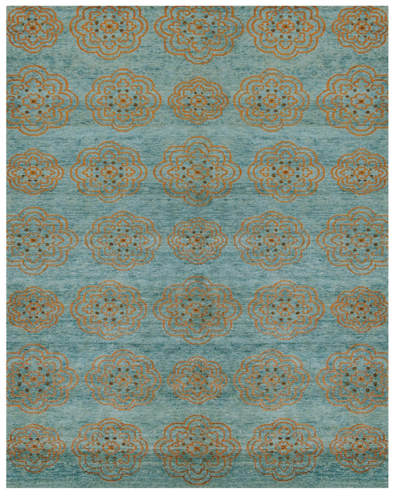 8' X 10' Floral Hand Knotted Area Rug (744263) - Blue / Green / Taupe