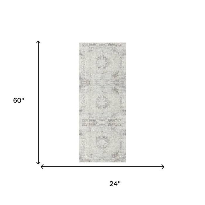 2' X 5' Medallion Washable Non Skid Area Rug (534007) - Gray / Off White