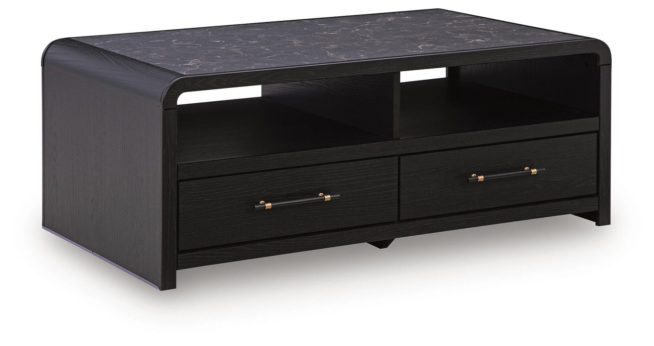 Rectangular cocktail table from the Clanden collection by Signature Design by Ashley, featuring a sleek wooden surface and modern design.