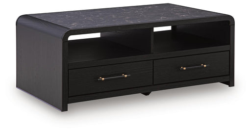 Rectangular cocktail table from the Clanden collection by Signature Design by Ashley, featuring a sleek wooden surface and modern design.