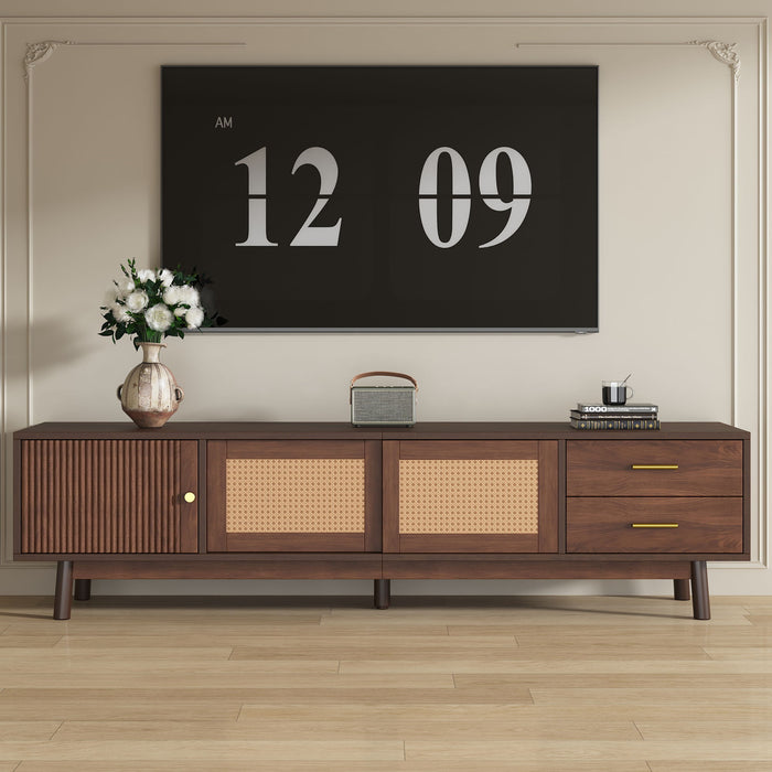 Dark brown Giga TV stand for 80-inch TVs with sliding doors and drawers, accent storage unit with modern design.