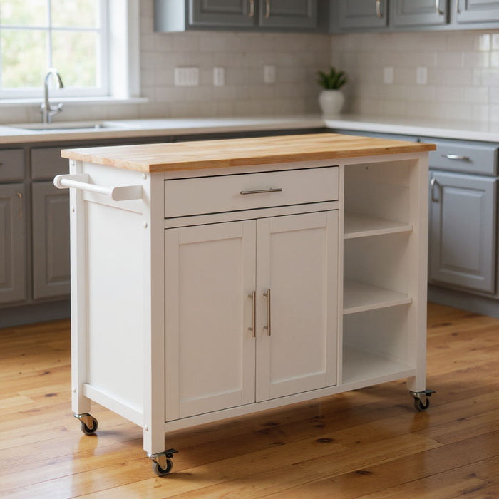 42" Butcher Block And Iron Rolling Kitchen Cart With Storage - Natural / White