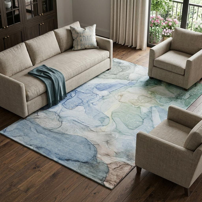 10' X 14' Abstract Washable Area Rug With UV Protection (647008) - Blue / Ivory