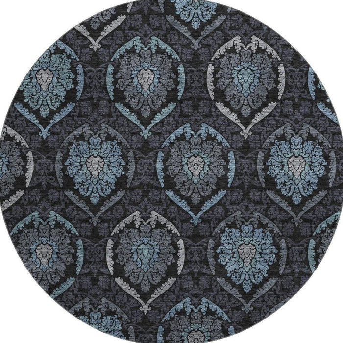 8' Medallion Washable Round Rug With UV Protection - Blue And Charcoal
