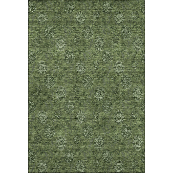8' X 10' Floral Washable Area Rug With UV Protection - Olive Green And Ivory