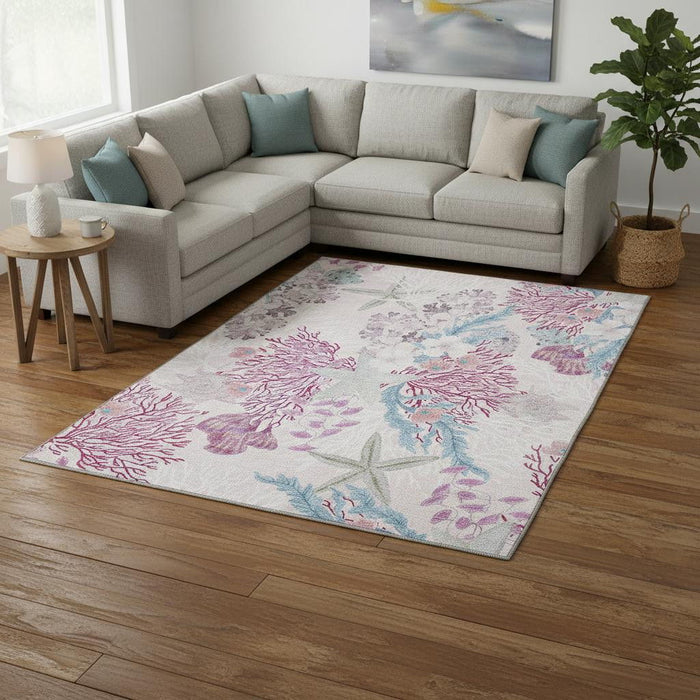 8' X 10' Geometric Washable Area Rug With UV Protection (645700) - Raspberry / Ivory / Blue