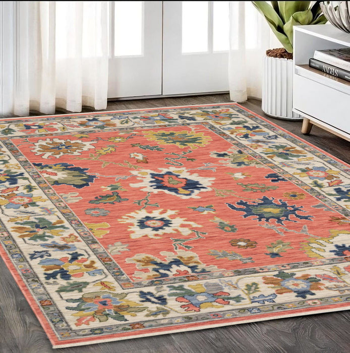 5' X 8' Oriental Area Rug With Fringe - Salmon