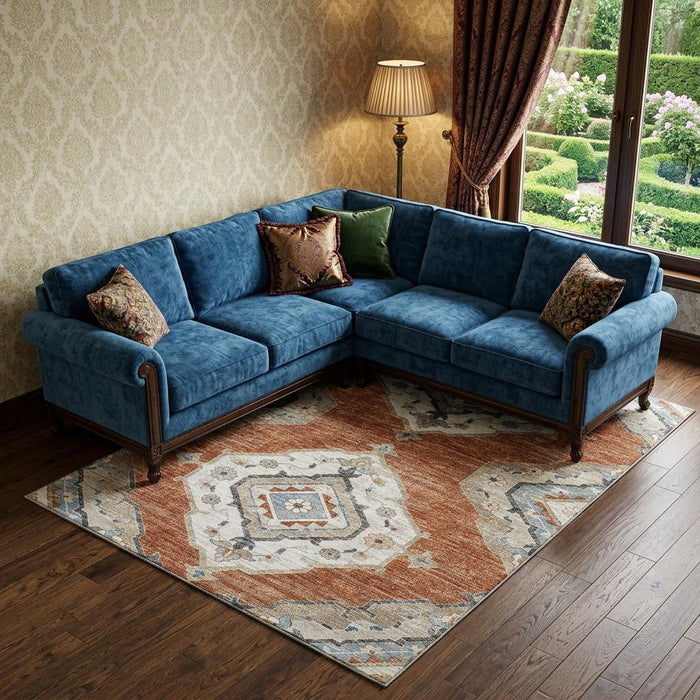 10' X 14' Tribal Distressed Washable Area Rug With UV Protection (644186) - Terra Cotta / Ivory / Blue