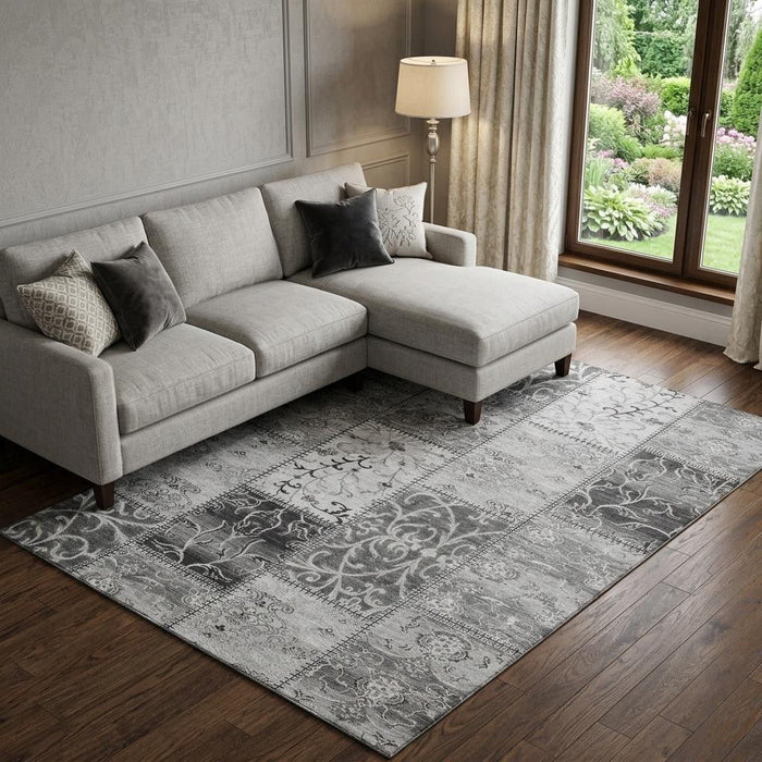 9' X 12' Patchwork Distressed Washable Area Rug With UV Protection (649569) - Gray / Ivory