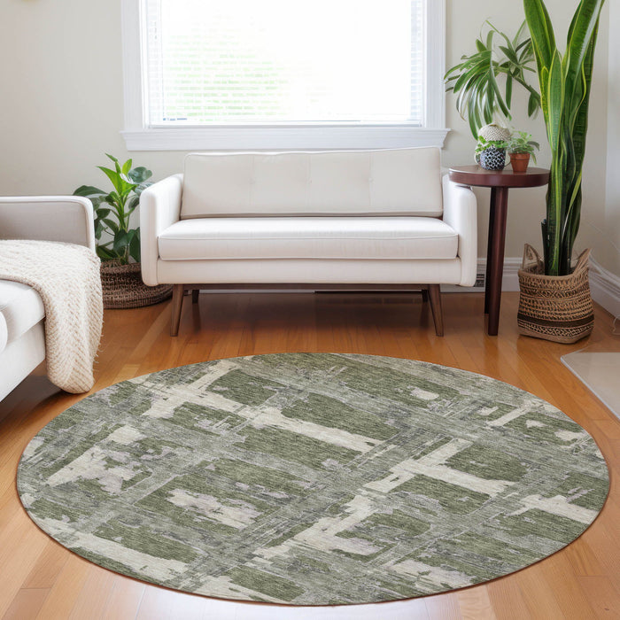 8' Striped Washable Round Rug With UV Protection - Olive Green And Beige