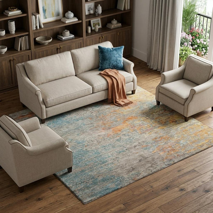 10' X 14' Abstract Washable Area Rug With UV Protection (692811) - Teal / Peach / Gold