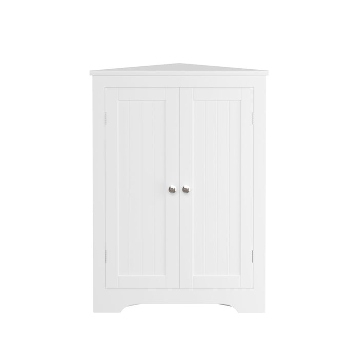 White Giga linen corner cabinet with 2 doors and adjustable shelves, standing upright for bathroom storage.
