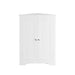 White Giga linen corner cabinet with 2 doors and adjustable shelves, standing upright for bathroom storage.