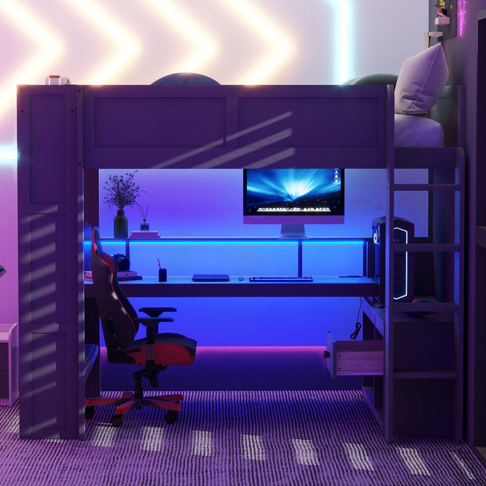 Gaming Loft Bed With Desk, Multi Storage Shelves, LED And Charging Station