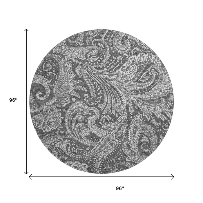 8' Paisley Washable Round Rug With UV Protection (654659) - Gray / Ivory