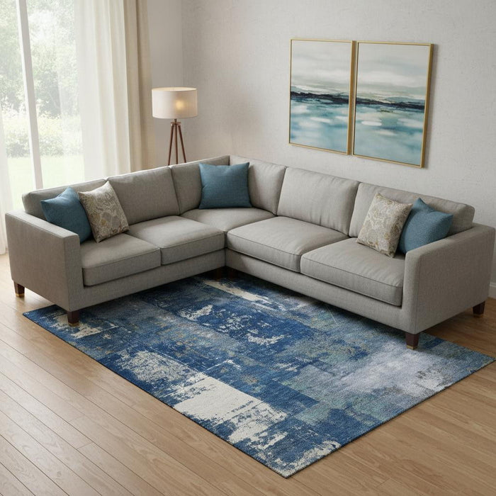 10' X 14' Abstract Washable Area Rug With UV Protection (710106) - Navy Blue / Ivory