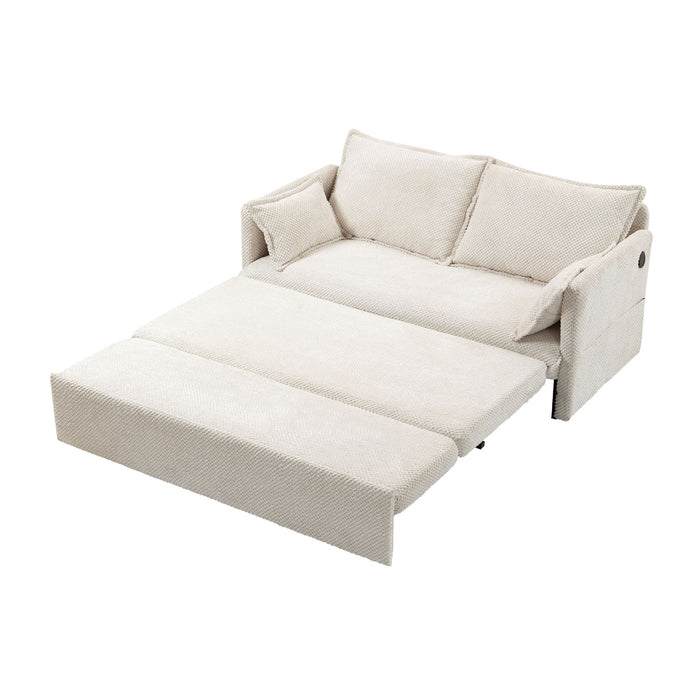 Giga pull-out sofa bed with side storage and USB-C charging ports, convertible sleeper sofa couch in a modern living room setting.