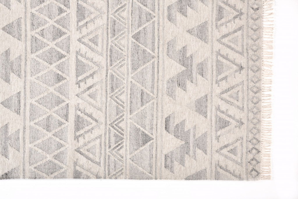 8' x 10' Wool Geometric Dhurrie Flatweave Handmade Area Rug With Fringe - Ivory Gray And Blue