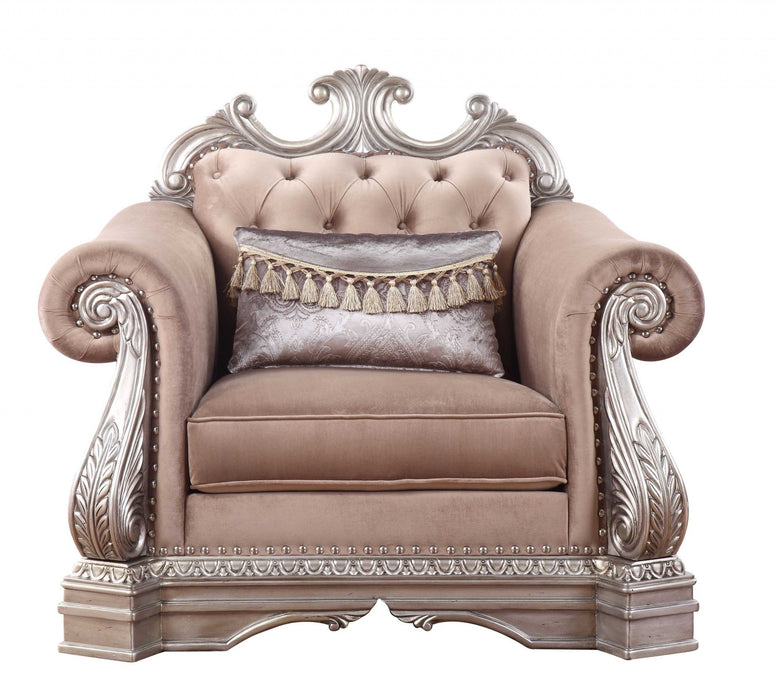 Velvet Tufted Arm Chair And Toss Pillow - Cherry Blossom Pink And Silver