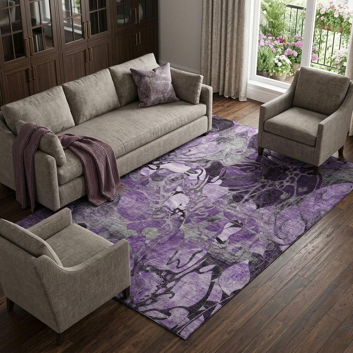 9' X 12' Abstract Distressed Washable Area Rug With UV Protection (648999) - Purple / Ivory