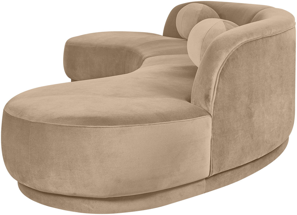 Meridian Furniture Avra 146-inch velvet performance fabric sectional sofa with upholstered cushions and modern design.