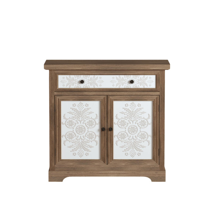 Giga accent cabinet with carved floral panels, featuring drawers and double doors in antique brown and white finish.