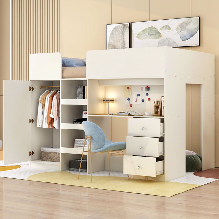 Giga loft bed with built-in wardrobe, desk, shelves, and drawers, showcasing a modern space-saving bedroom furniture setup.