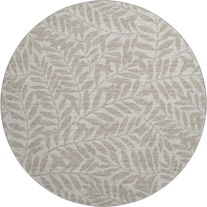 8' Botanical Leaves Washable Round Rug With UV Protection (644847) - Taupe / Ivory